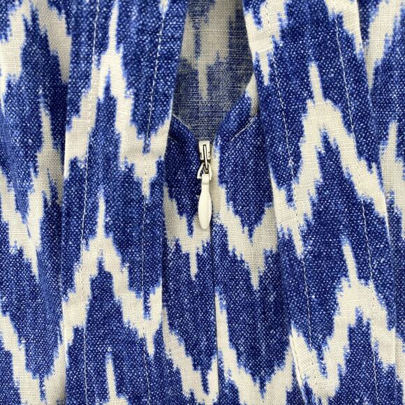 J.CREW Dress XS Linen Cotton Ikat Chevron Bowback Sleeveless Ruffle Hem Blue - Picture 7 of 12